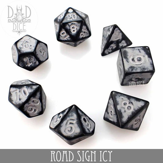 Set of seven Road Sign Icy acrylic dice with icy patterns, for tabletop gaming.