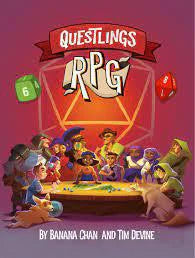 Questlings RPG game with fantasy characters and dice depicted around a glowing table in a storybook scene.