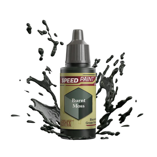 Army Painter Speedpaint Burnt Moss, dark green miniature paint splashed on a white background.