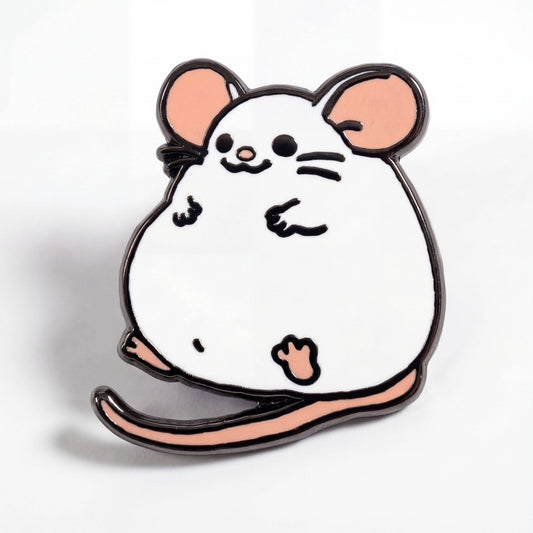Fat Rat pin: hard enamel, round white mouse with pink ears, tail, and black plating.