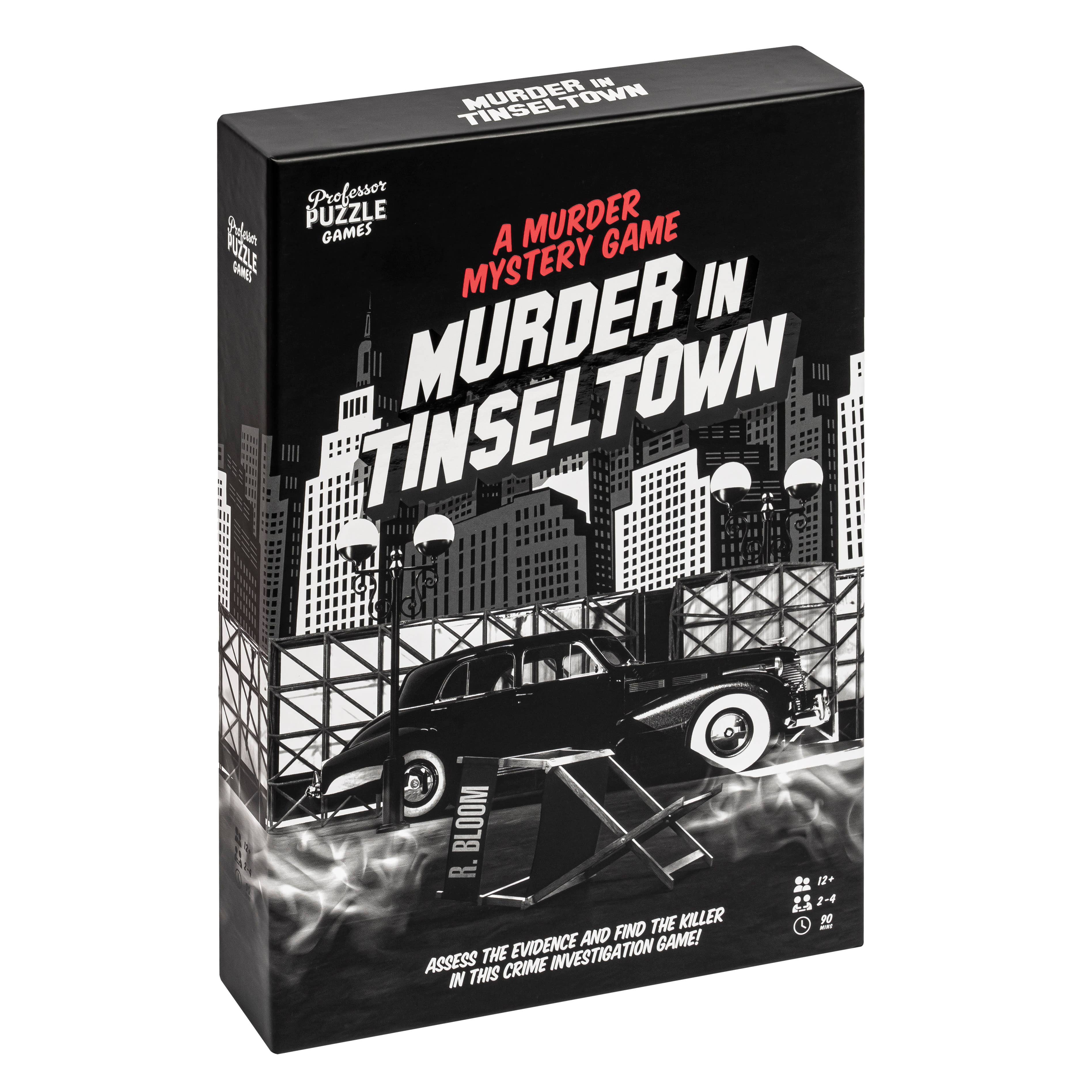 Murder in Tinseltown murder mystery game box set in Hollywoods Golden Age, includes vintage car and skyline imagery.