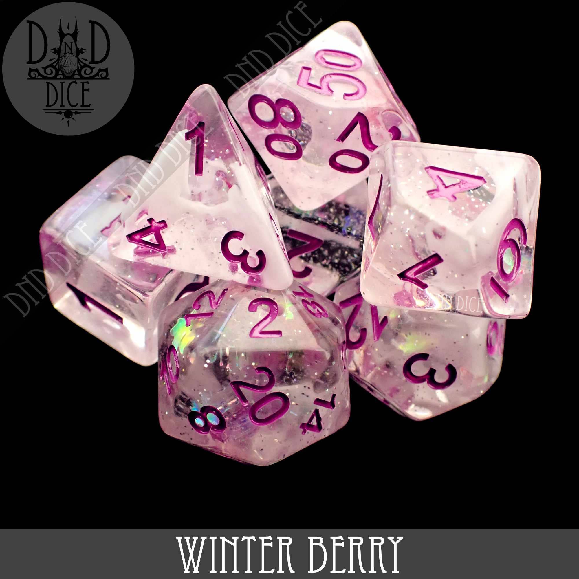 Winter Berry 7-piece translucent pink and white resin dice set with purple numbers.