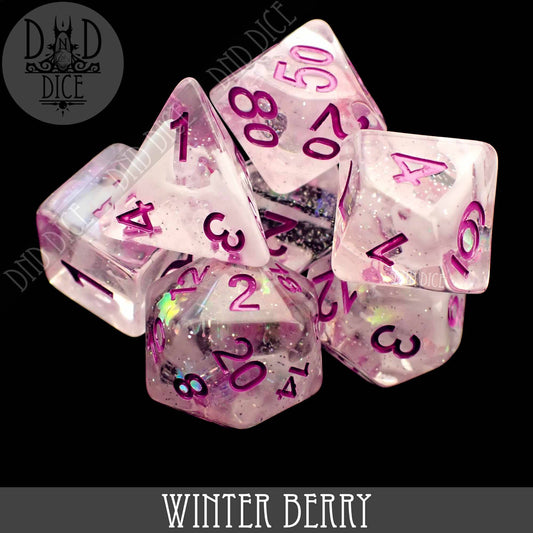 Winter Berry 7-piece translucent pink and white resin dice set with purple numbers.