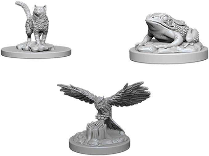 Unpainted D&D Nolzur’s Marvelous Miniatures Familiars W4: cat, frog, and winged bird on round bases.