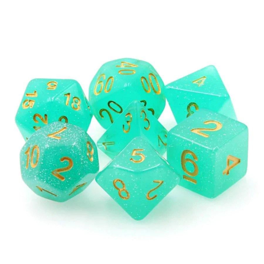 Island Oasis RPG Dice Set of seven teal dice with gold numbers. Suitable for D&D and other role-playing games.