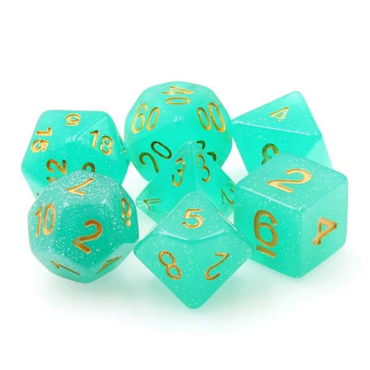 Island Oasis RPG Dice Set of seven teal dice with gold numbers. Suitable for D&D and other role-playing games.