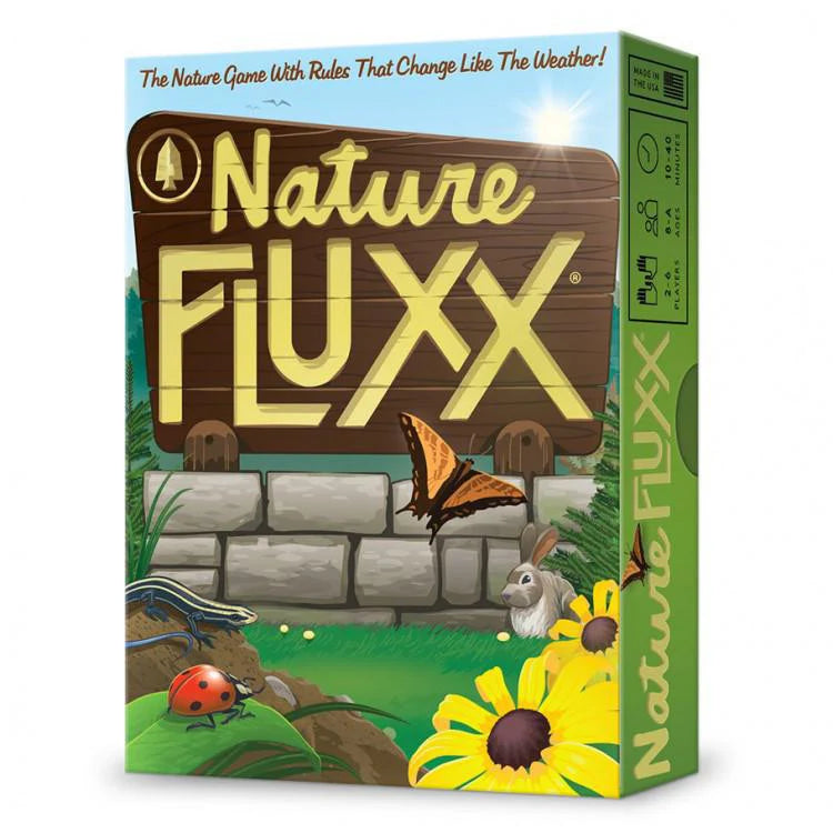 Nature Fluxx game box featuring butterfly, rabbit, ladybug, and flowers in a grassy setting.