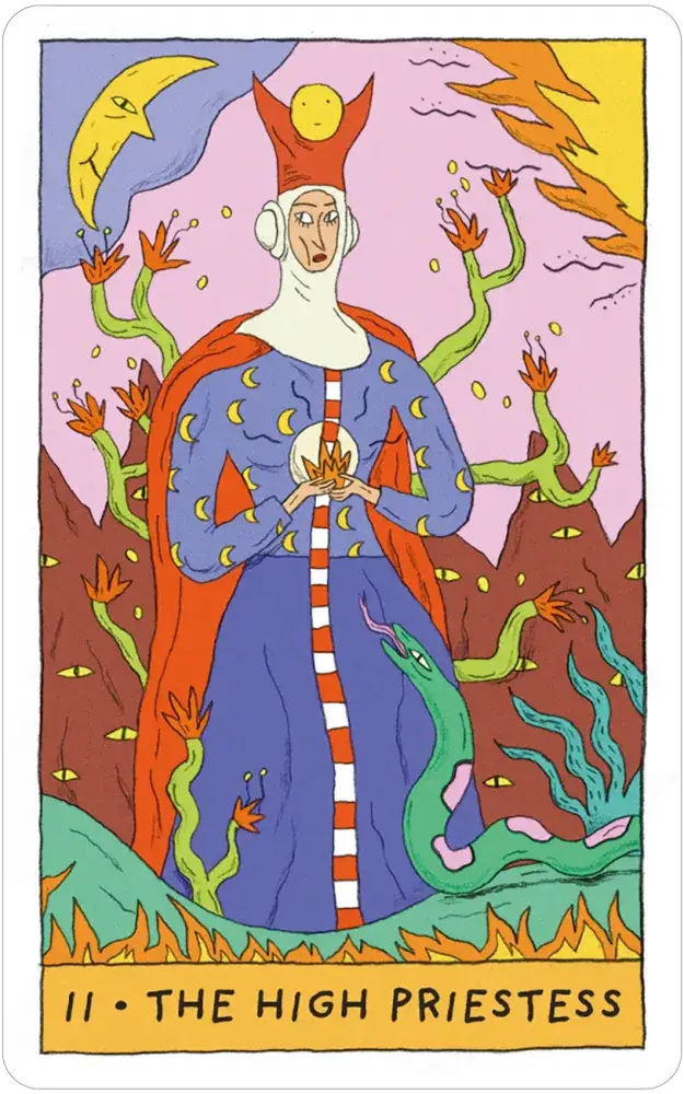 Whimsical Witch Tarot in a Tin, featuring The High Priestess card with blue attire, plants, eyes, and crescent moon.