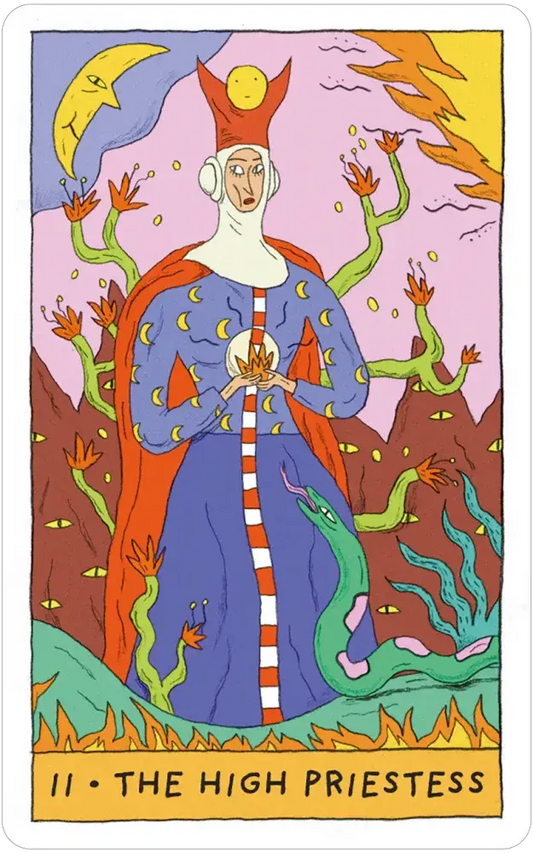 Whimsical Witch Tarot in a Tin, featuring The High Priestess card with blue attire, plants, eyes, and crescent moon.