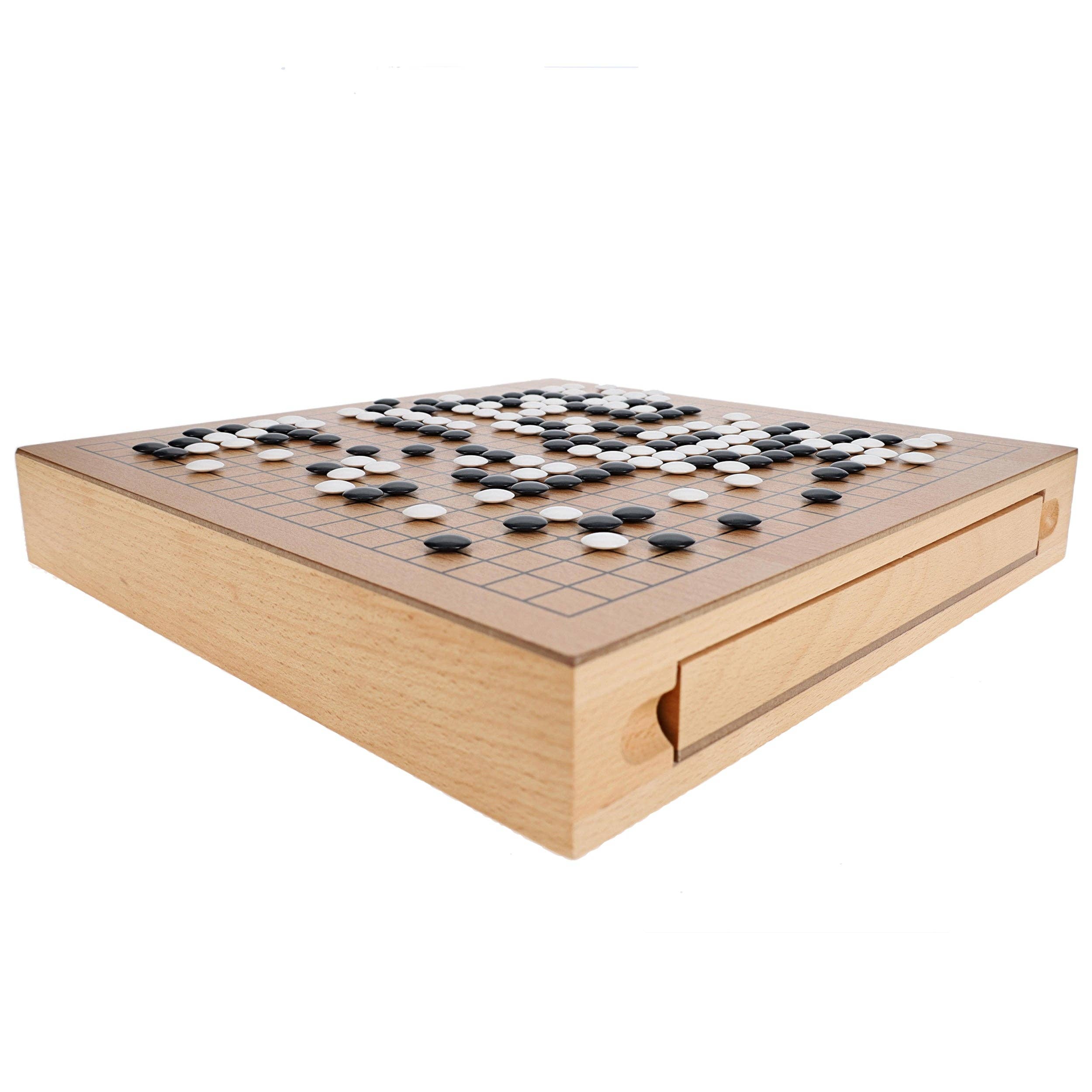 The Wood GO Set - 12 in. with black and white stones, grid board, and storage drawers.