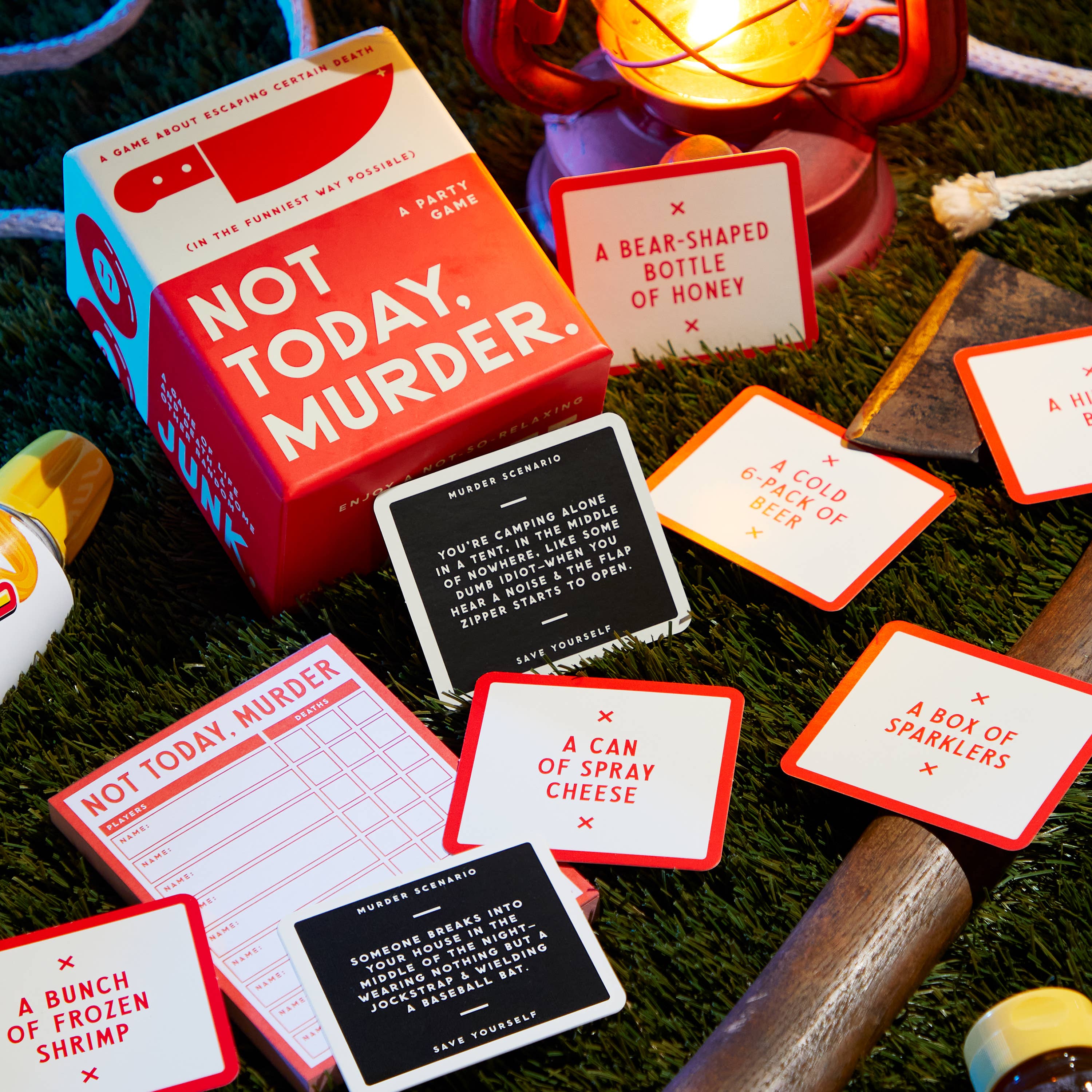 Brass Monkey Not Today, Murder Game party game with cards, tools, and props for groups.