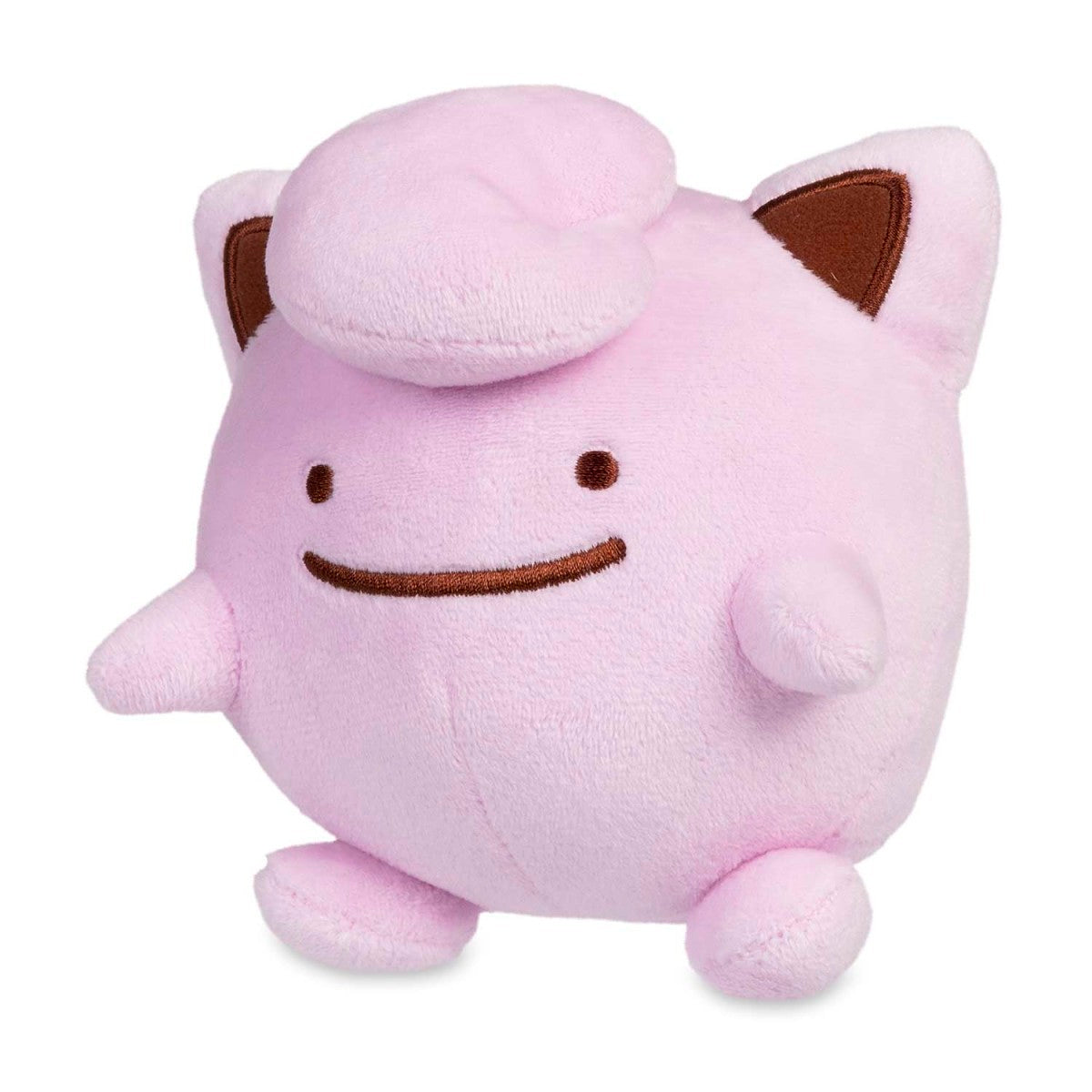 Ditto as Jigglypuff plush, 5 inches, round and pink with brown ears, swirl on head, and embroidered smile.