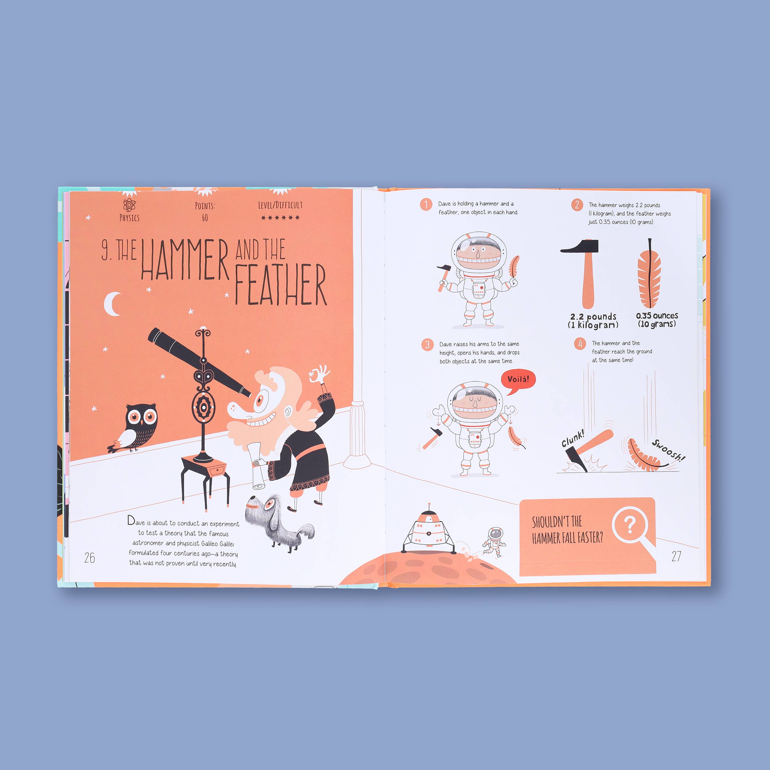 Sleuth & Solve: Science kids’ book page featuring The Hammer and the Feather, mysteries, cartoons, and animals.
