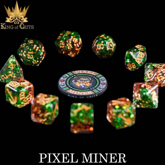 The Pixel Miner 11 Dice Set with ceramic poker chip.