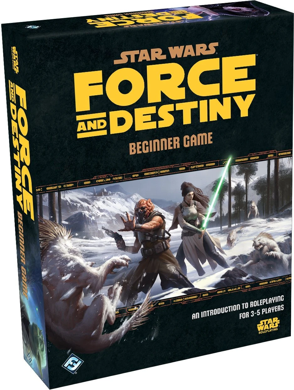 Star Wars: Force and Destiny Beginner Game box cover featuring characters fighting creatures in a snowy environment.