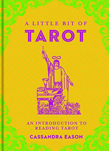 A Little Bit of Tarot book cover with tarot cards, magician illustration, and green borders.