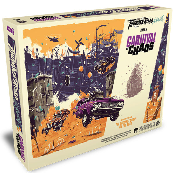 Thunder Road: Carnival of Chaos game box with illustrated cars in a post-apocalyptic race scene.