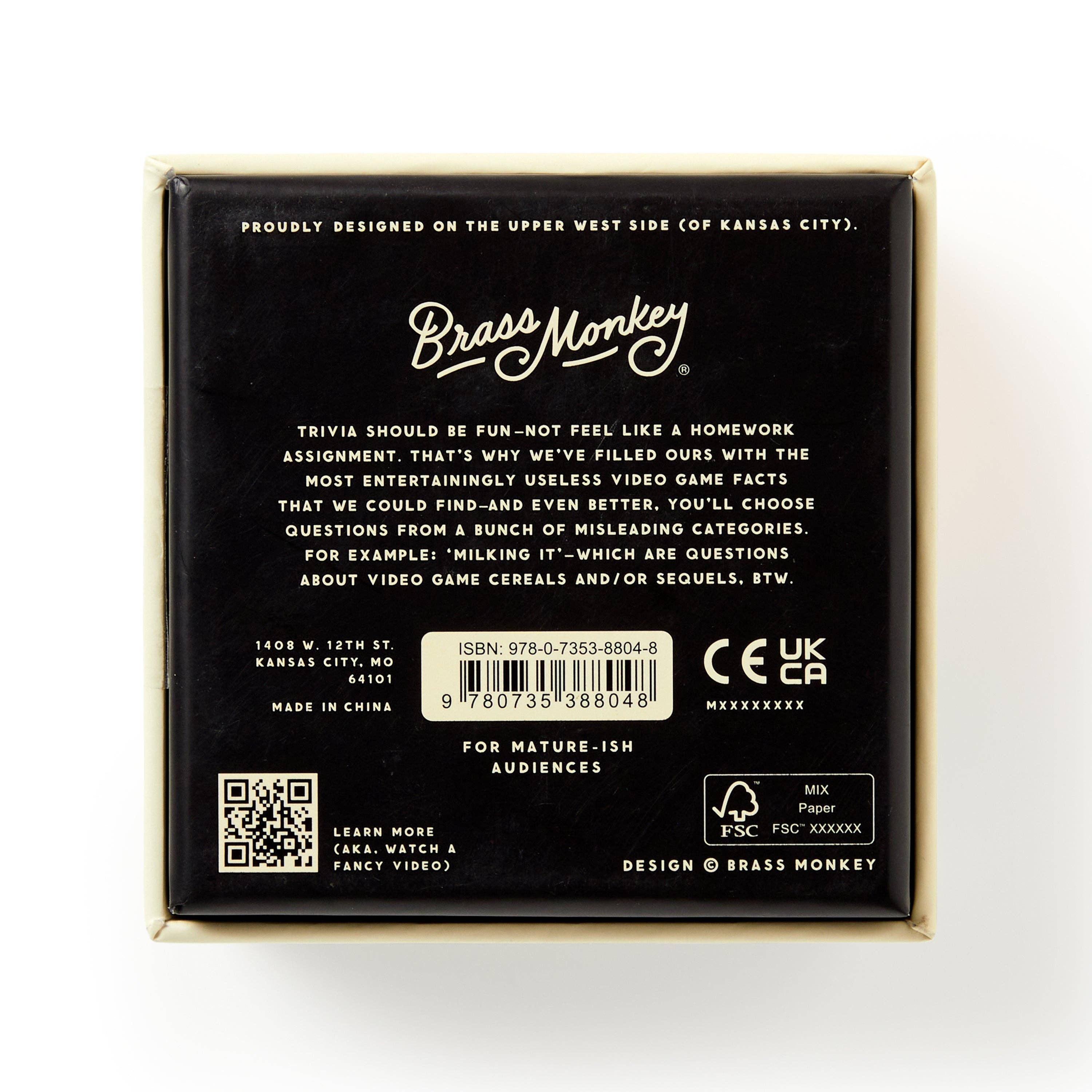 Back of Brass Monkey Bizarre Video Game Trivia box with logo, barcode, and game description in white text on black.