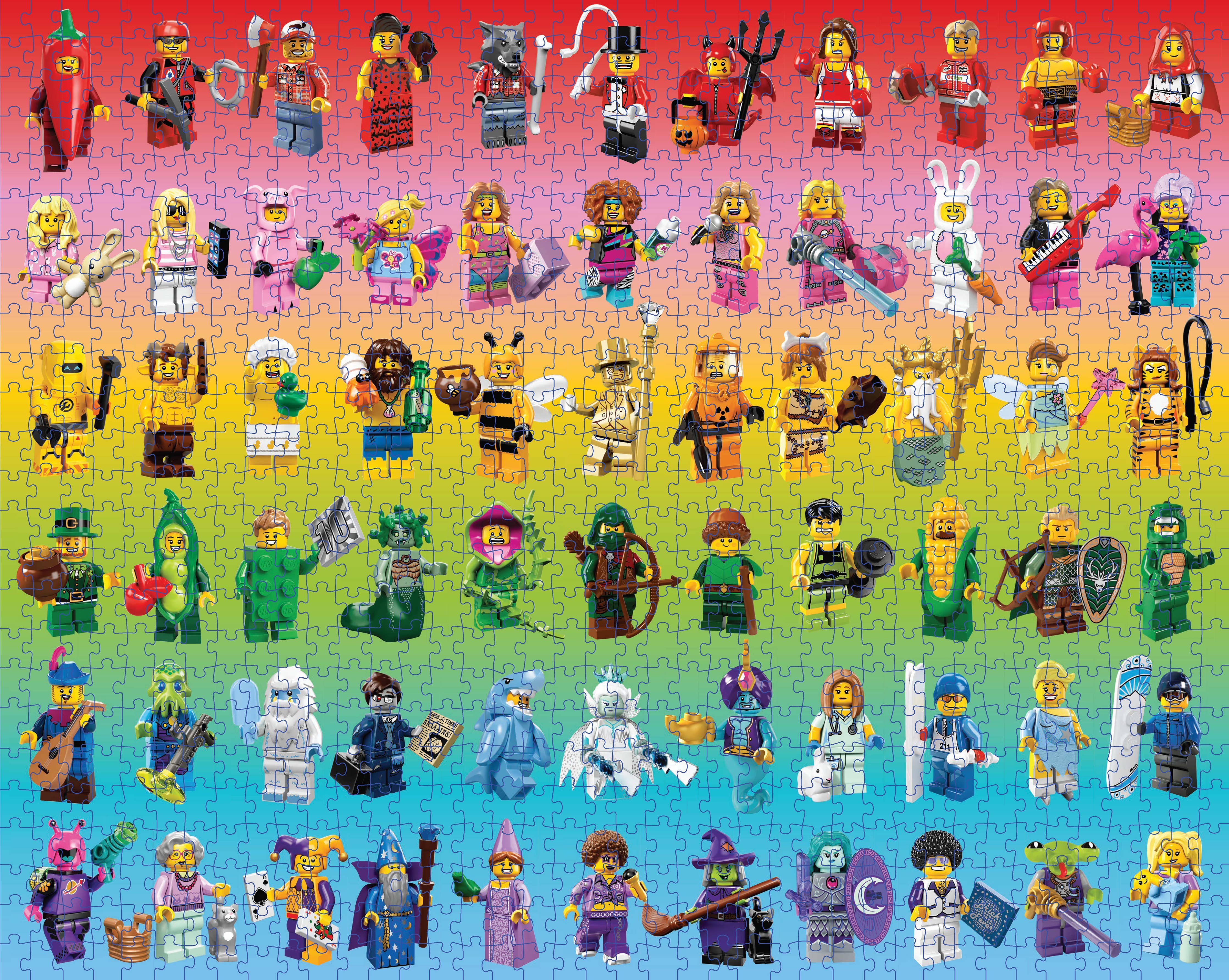 LEGO Minifigure Rainbow 1000-piece puzzle featuring rows of colorful minifigures on a rainbow gradient background.