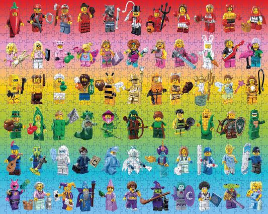 LEGO Minifigure Rainbow 1000-piece puzzle featuring rows of colorful minifigures on a rainbow gradient background.