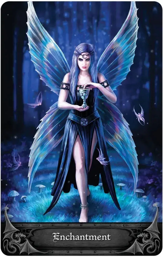 Anne Stokes Gothic Oracle illustration of a fairy with iridescent wings holding a glowing orb in a dark forest.