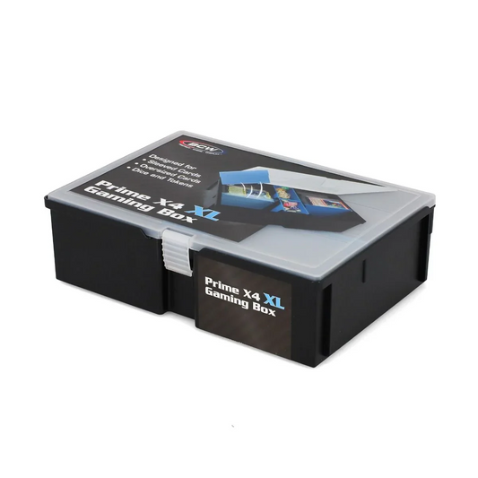 Prime X4 XL Gaming Box in black with a clear lid designed to store gaming cards and accessories.