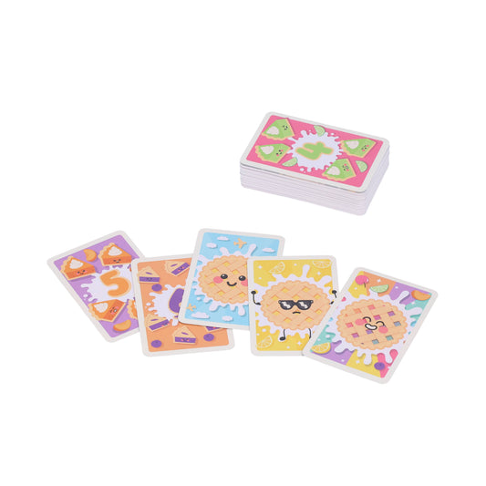 Five Pie Y’all game cards featuring pie and fruit designs displayed side by side.