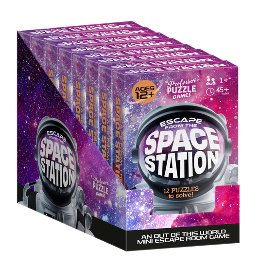 Escape from the Space Station mini games display box featuring space puzzles.