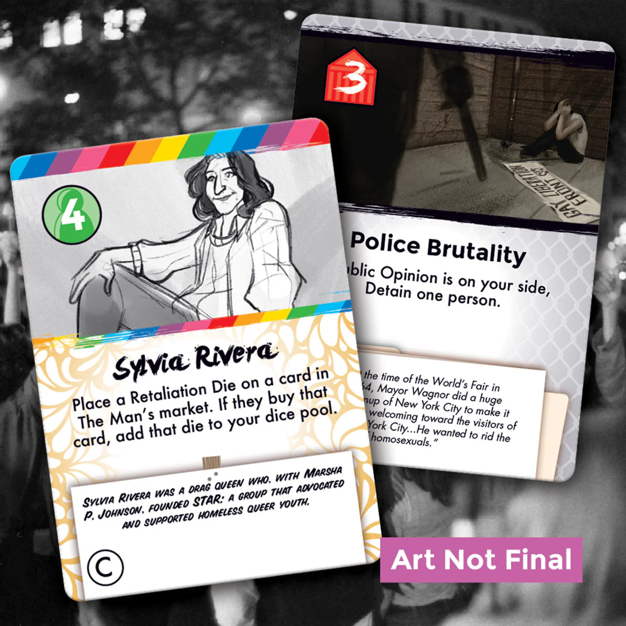 Sylvia Rivera sketch card and Police Brutality card from Stonewall Uprising board game.