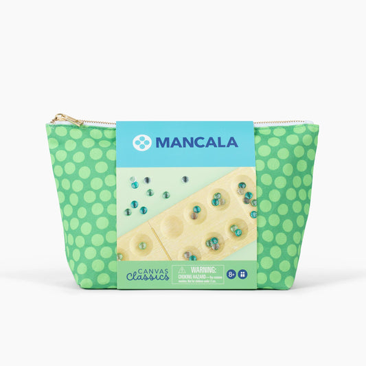 Canvas Classics Mancala set with folding wooden board, marbles, and green polka dot pouch with blue label.