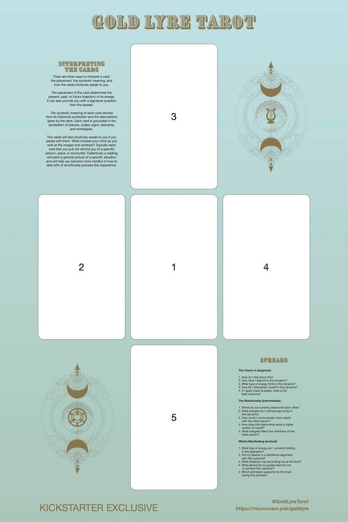 Five blank Gold Lyre Tarot cards with celestial symbols.