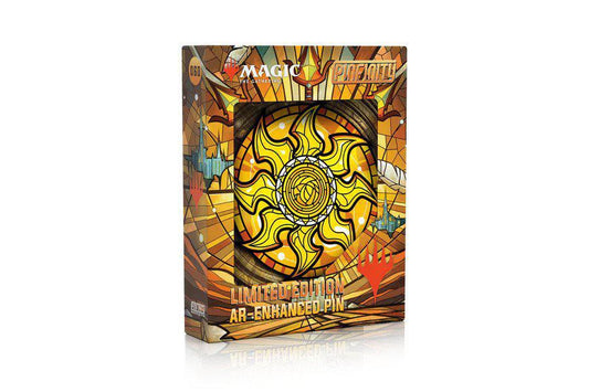 Limited edition Magic the Gathering Stained Glass Plains AR Pin featuring a radiant sun.