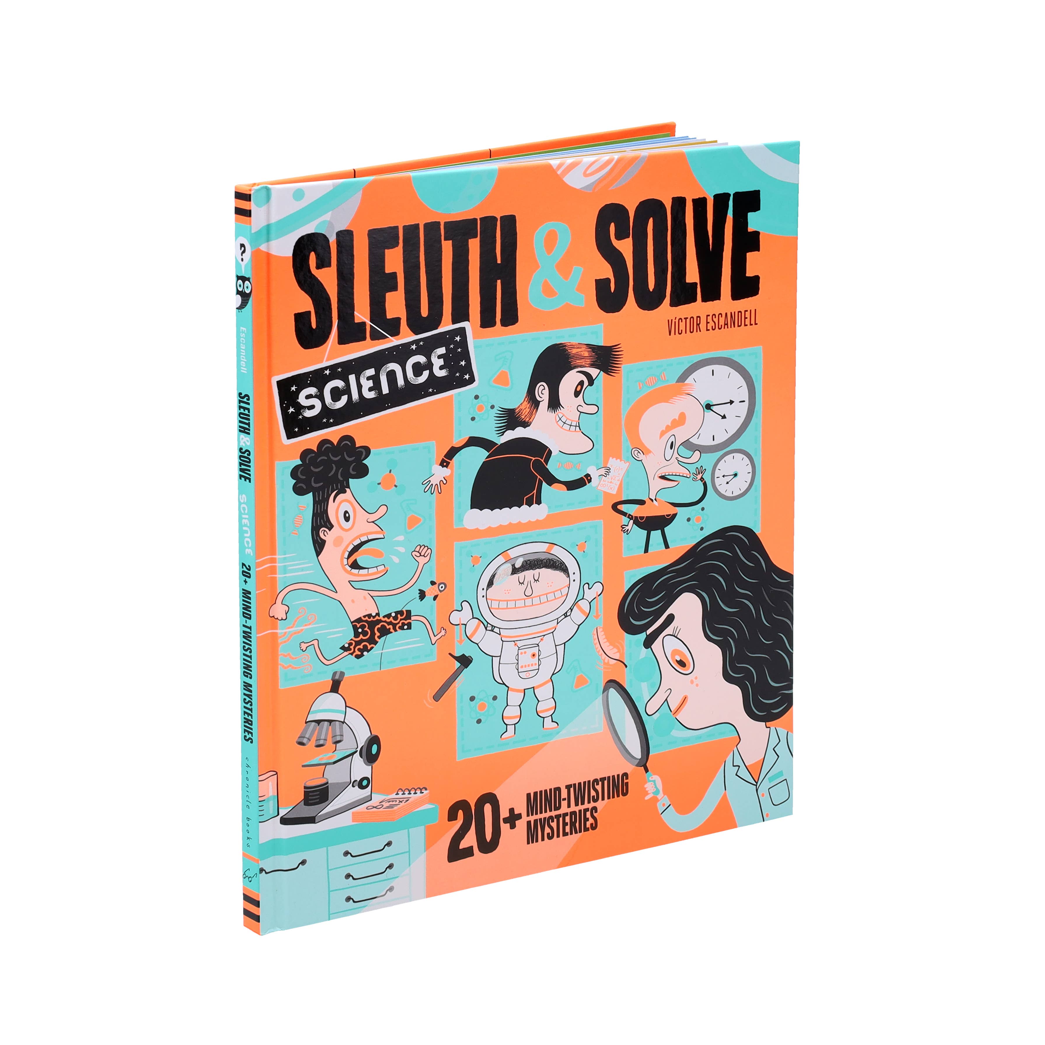 Sleuth & Solve: Science book with detectives and science icons solving STEM puzzles on orange-teal cover.