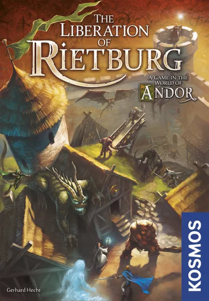 The Liberation of Rietburg board game box featuring heroes and monsters near a castle tower.