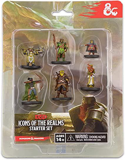 Six painted miniatures in WizKids D&D: IR Starter Set box, labeled for ages 14 and up.