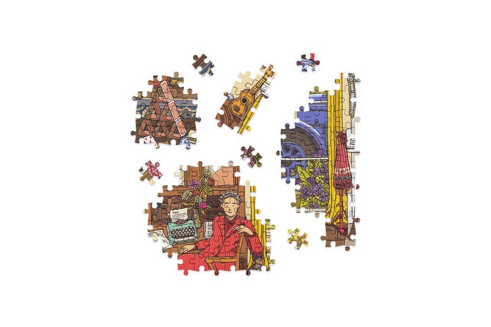 World of Agatha Christie 1000 Piece Puzzle with colorful jigsaw pieces and iconic scene illustrations.