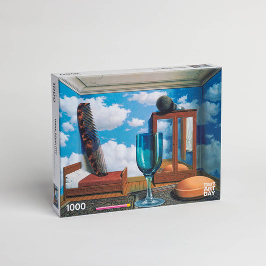 1000-piece puzzle featuring René Magrittes Personal Values, with sky wallpaper and glass from the painting.
