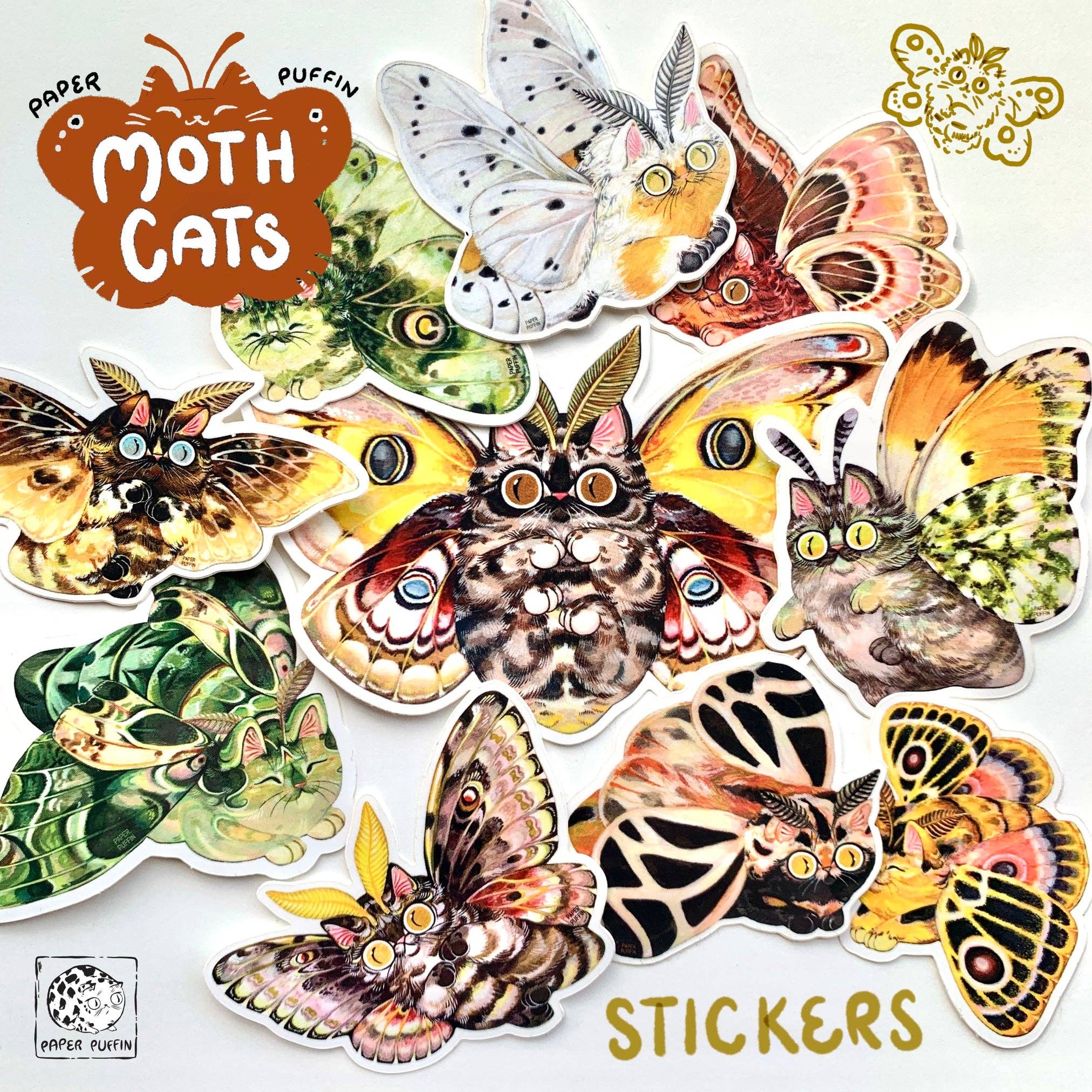 Moth Cat Vivid Joy stickers featuring cat-moth hybrids with patterned wings.