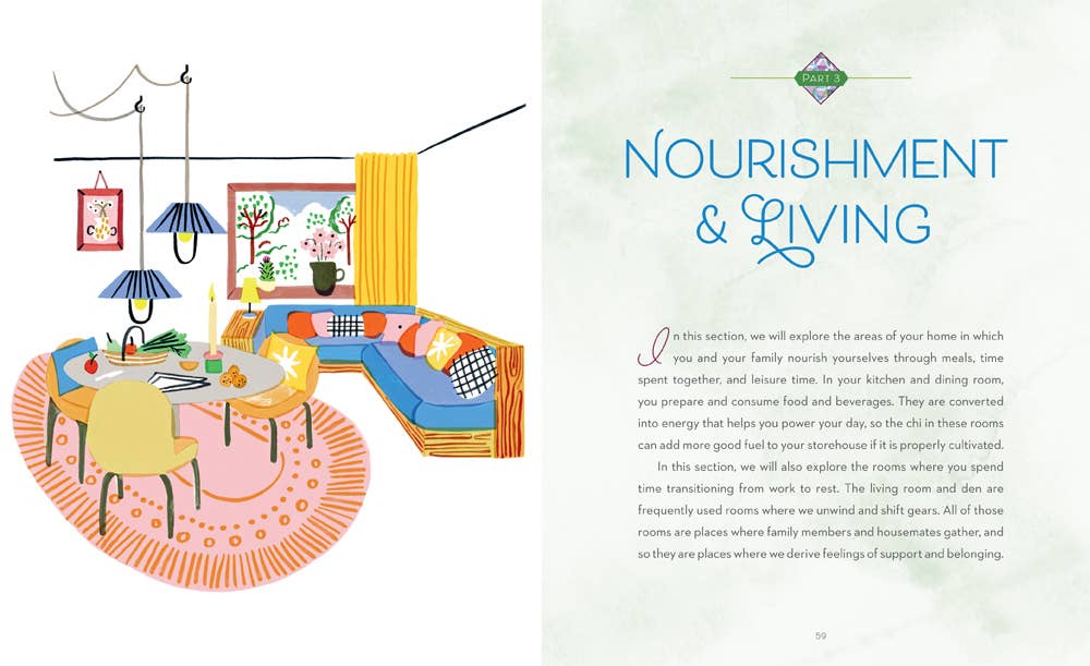 Cover of Healing Home: Room-By-Room Guide To Positive Vibes showing a Feng Shui-inspired living room illustration.