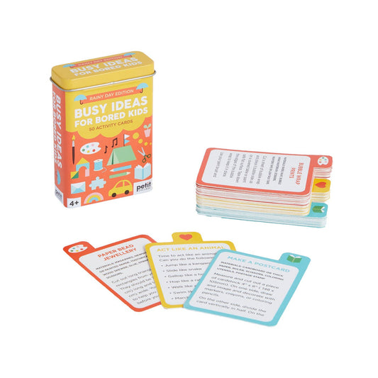 Busy Ideas for Bored Kids: Rainy Day Edition tin with activity cards displayed beside it.