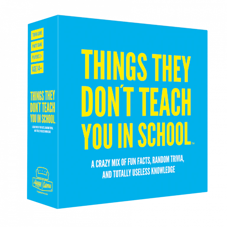 Blue box labeled Things They Dont Teach You in School with yellow text, trivia game.