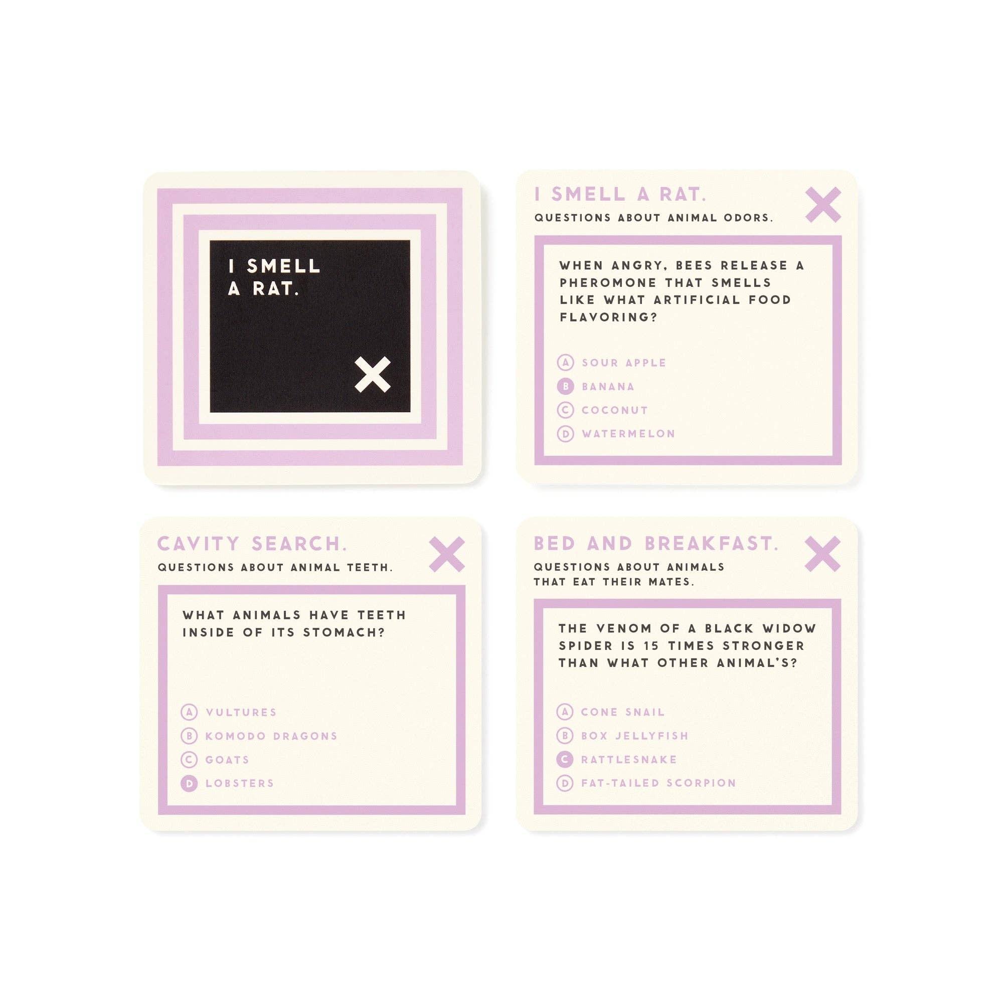 Brass Monkey Useless Animal Trivia cards featuring unusual animal facts for multiple-choice trivia games.