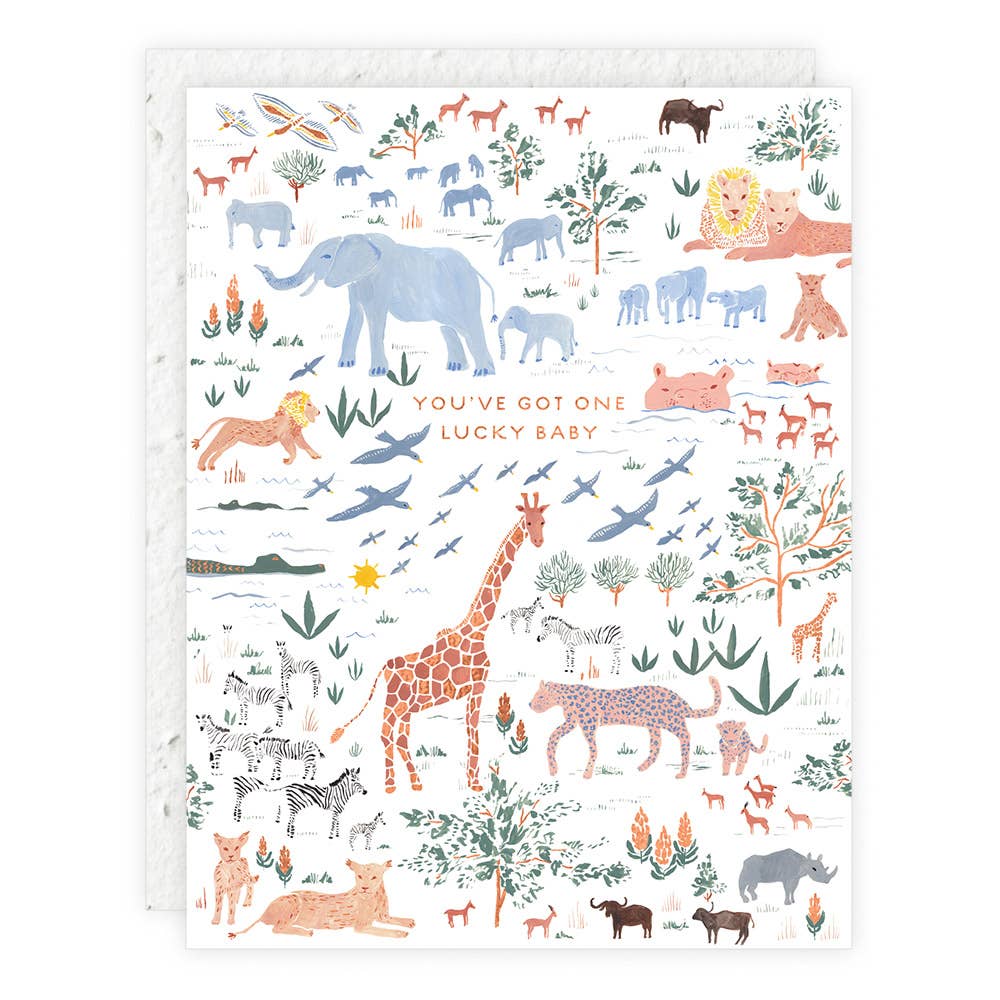 Lucky Baby eco-friendly baby card on plantable seed paper with illustrations of safari animals and trees.