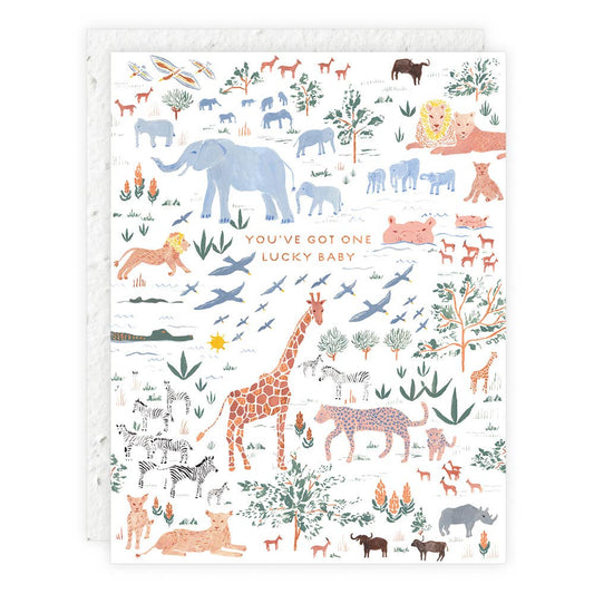 Lucky Baby eco-friendly baby card on plantable seed paper with illustrations of safari animals and trees.