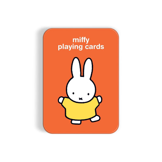 Miffy Playing Card Deck in a rectangular tin with Miffy in a yellow dress on the cover.
