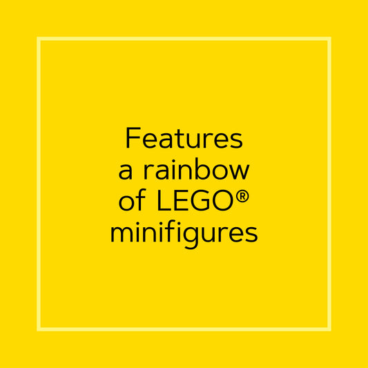 LEGO Minifigure Rainbow 1000-piece puzzle featuring a colorful minifigure on a yellow background with black text.