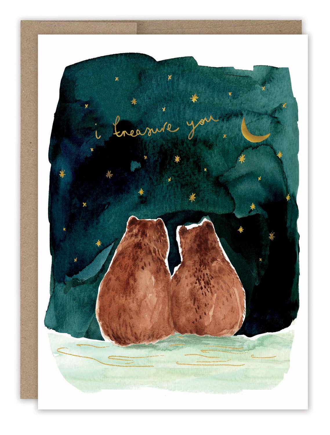 Bears I Treasure You Anniversary Card by Louise Mulgrew, recycled, with two bears under a starry sky.