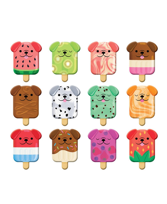 Pupsicles Shaped Memory Match set with 12 dog-faced popsicle pieces, each with a distinct design and pattern.