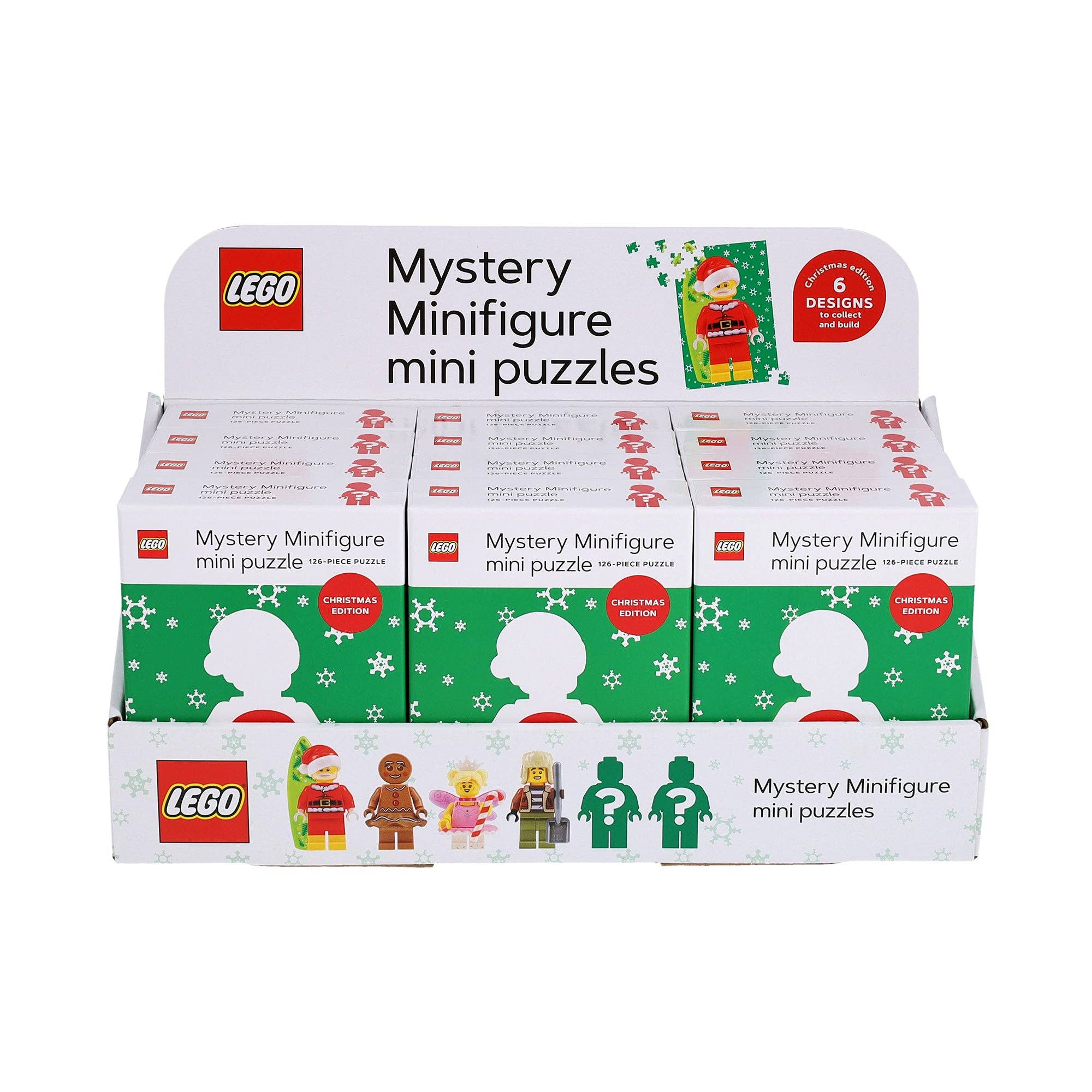 LEGO Mystery Minifigure Mini Puzzle Christmas Edition Green, set with six surprise puzzles in festive packaging.