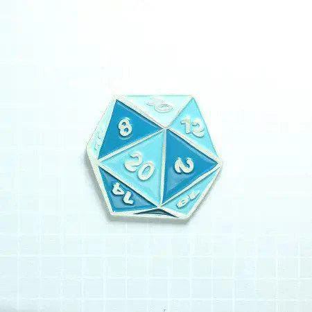 Turquoise blue enamel pin shaped like a D20 dice with numbers.